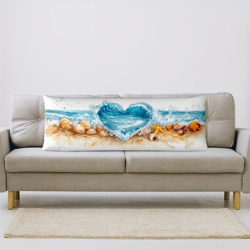 Short Plush Pillowcase Heart-Shaped Beach Scenery, Blue Waves Decorative Long Waist Pillowcase Inch Pillowcase with Zipper Sofa