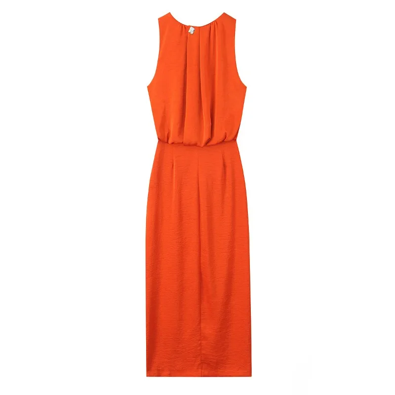 여성을위한 여름 민소매 긴 파티 드레스 2025 봄 새로운 여성의 Pleated 장식 실크 새틴 질감 드레스 레이디 우아한