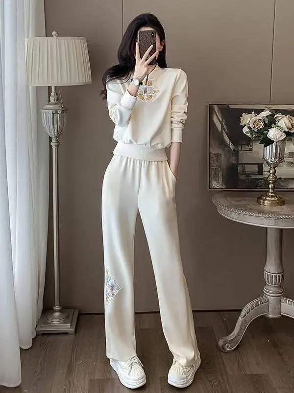 

Spring Autumn Casual Sportswear Set Women's Embroidered Sweatshirt Pants Two-Piece Set Fashionable Anti-Aging Button Design