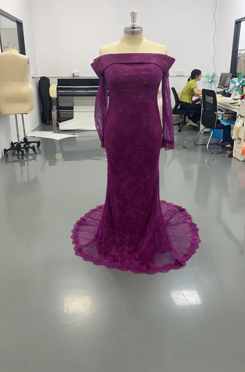 

Eightale Lace Evening Dress Customized Strapless Mermaid Cap Sleeves Purple Arabic Prom Wedding Party Gown Vestidos De Gala