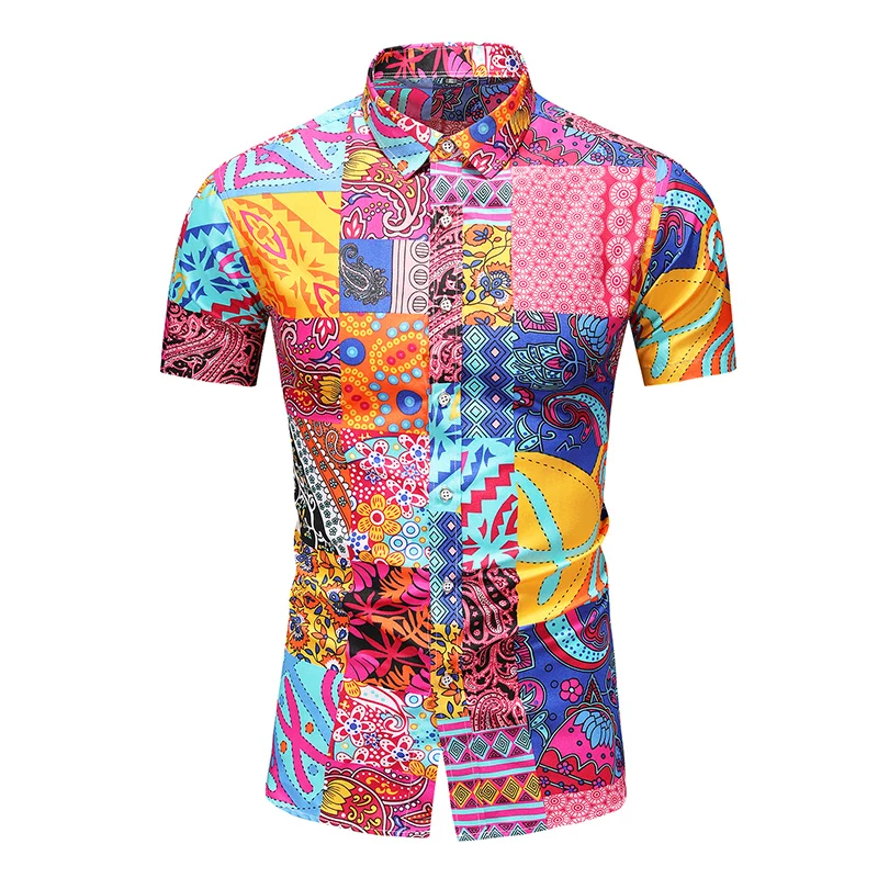 British Nation Style Summer Men's Shirt Fashion Printed Short Sleeve Casual Male Hawaiian Beach Shirts Nightclub Plus Size 7XL