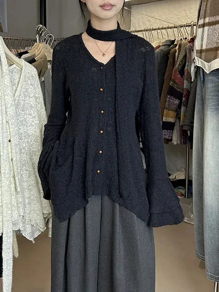 Camicia a maniche lunghe con volant in pizzo autunnale da donna coreana sexy scollo a V monopetto top femminili elegante streetwear camicetta scavata