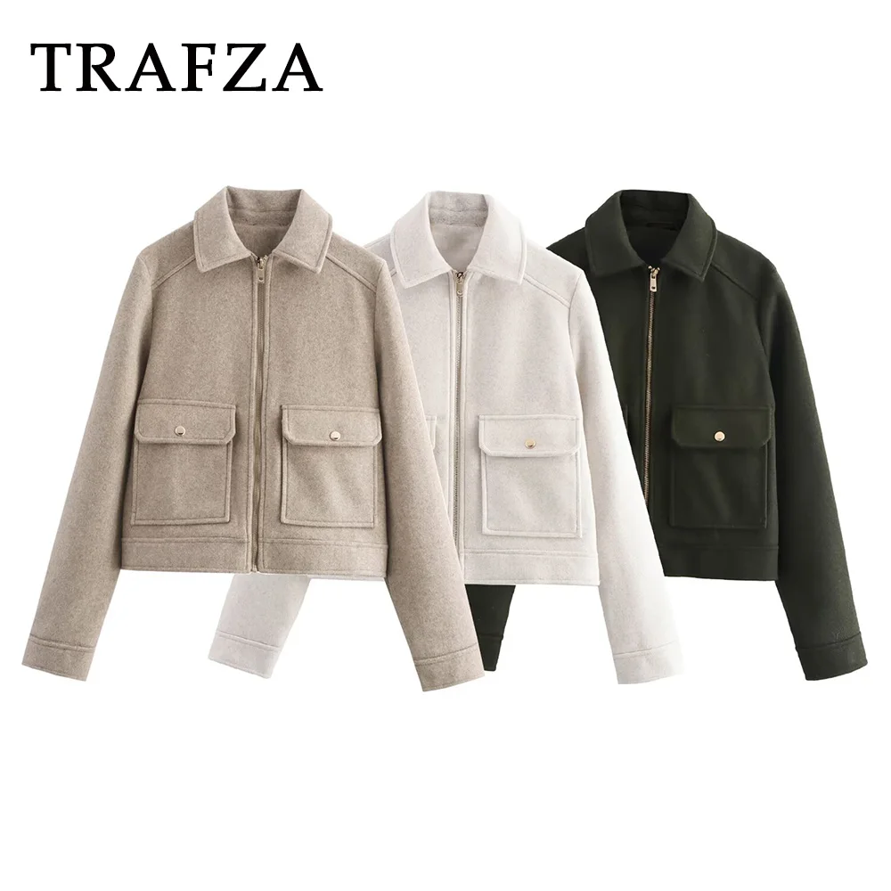 TRAFZA 2024 Casual Solid Autumn Winter Women Soft Jackets Pockets Zipper Button Coats Fashion Women Vintage Zipper Outwear