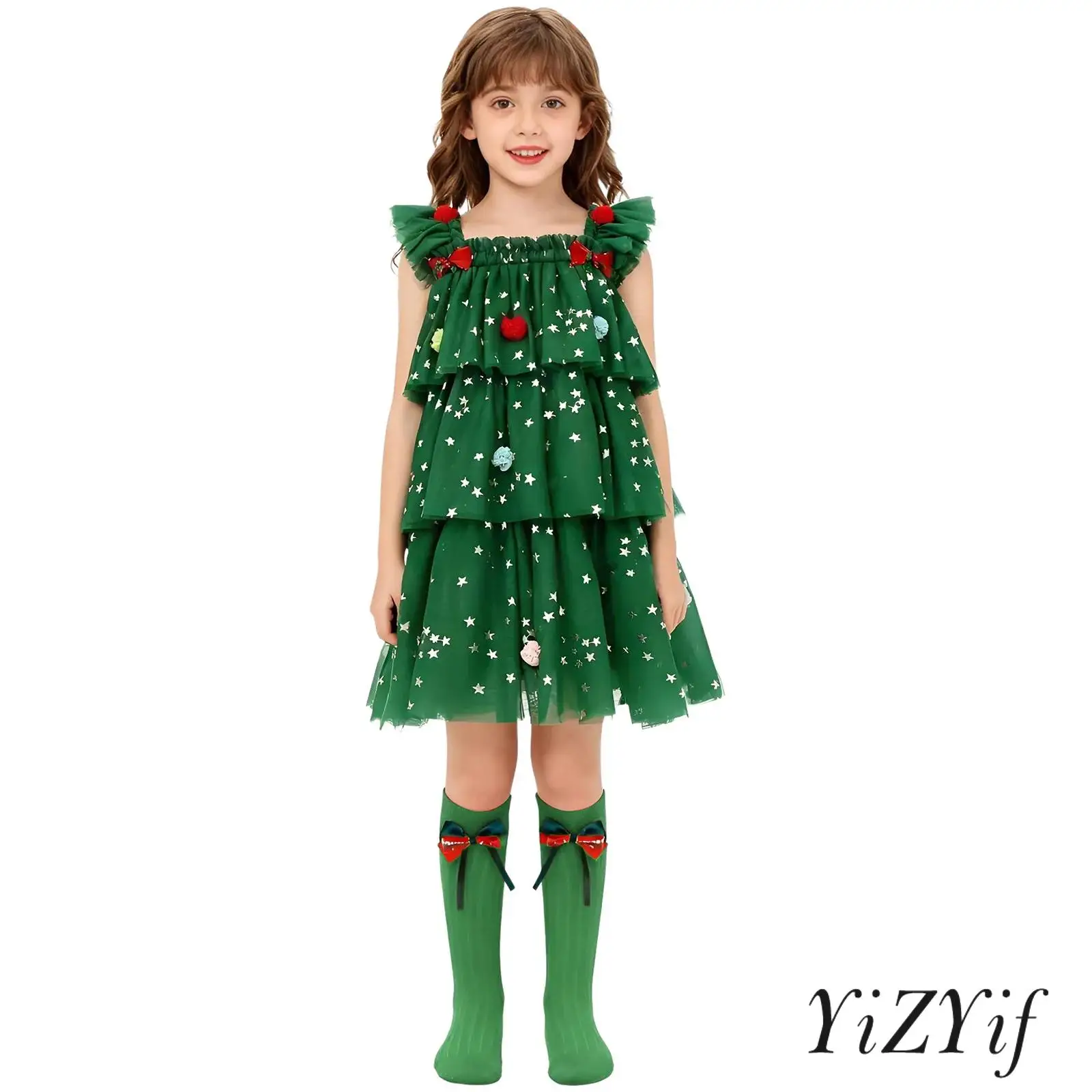 

Toddler Baby Girls Christmas Tree Party Costume Golden Star Print Tulle Tutu Christmas Dress with Socks Set Xmas Princess Dress