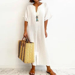 Vintage Solid Cotton Linen Boho Long Dress Women Spring V Neck Split Maxi Party Dress 2022 Summer Short Sleeve Loose Beach Dress