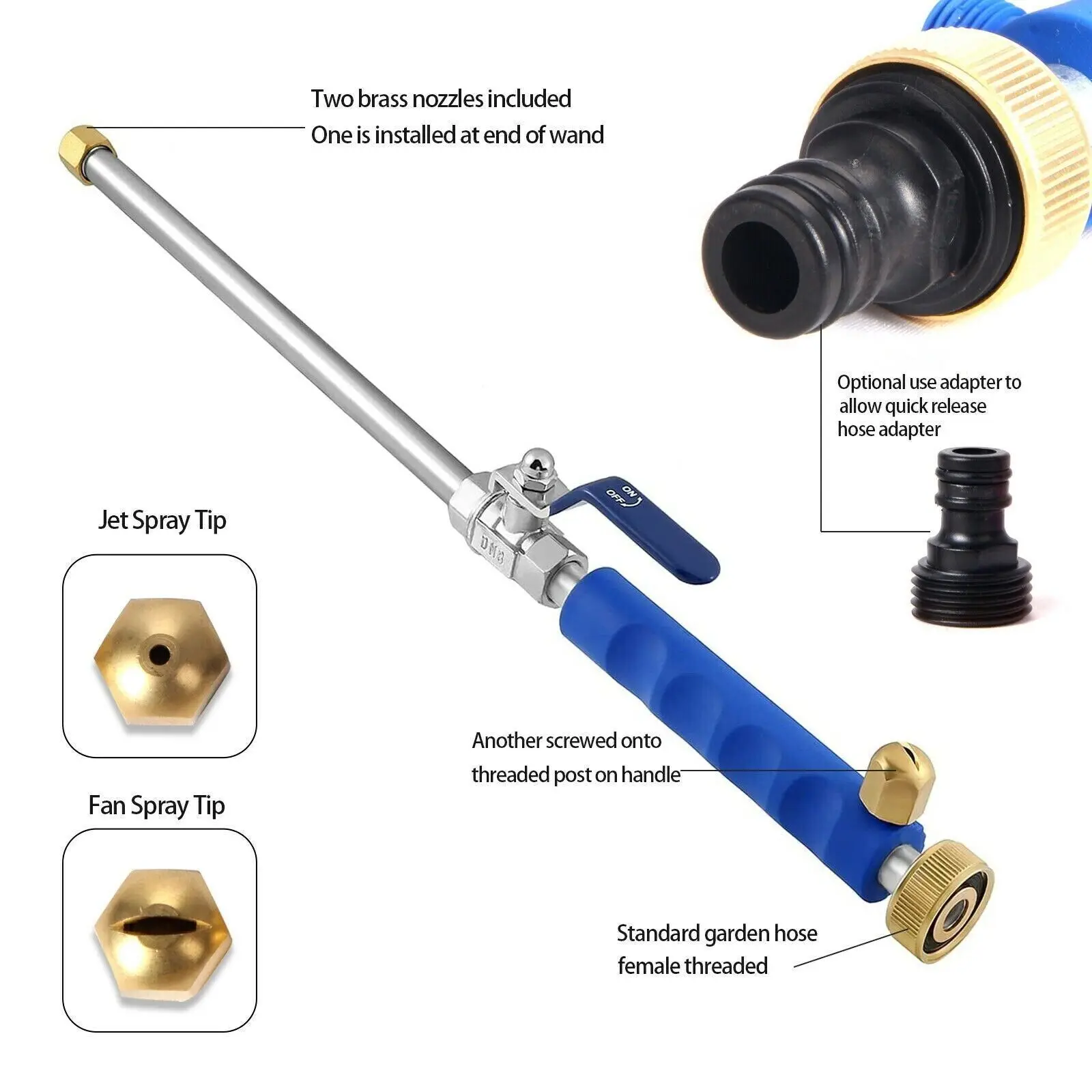High Pressure Power Washer Spray Gun, 2 Brass Nozzles (Jet/Fan), Fits 3/4" Garden Hose, for Car Washing/Watering/Cleaning, 1 Piece view 2