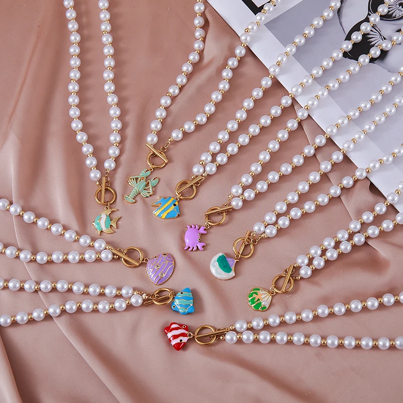 

Big Pearl Choker Necklace For Women Colored Small Fish Scallops Lobsters Stainless Steel Pendant Collarbone Chain Trend Jewelry