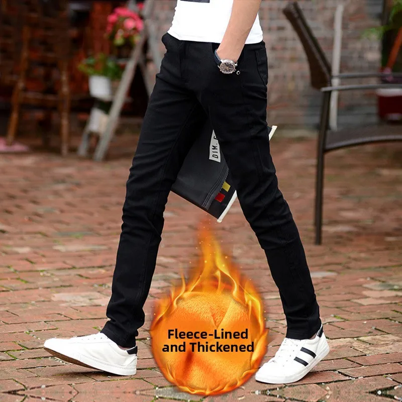 

Black Fleece Lined Casual Pants Men's Spring Autumn Straight Leg Thickened Trousers Youthful Style mid High Waist Long Pants
