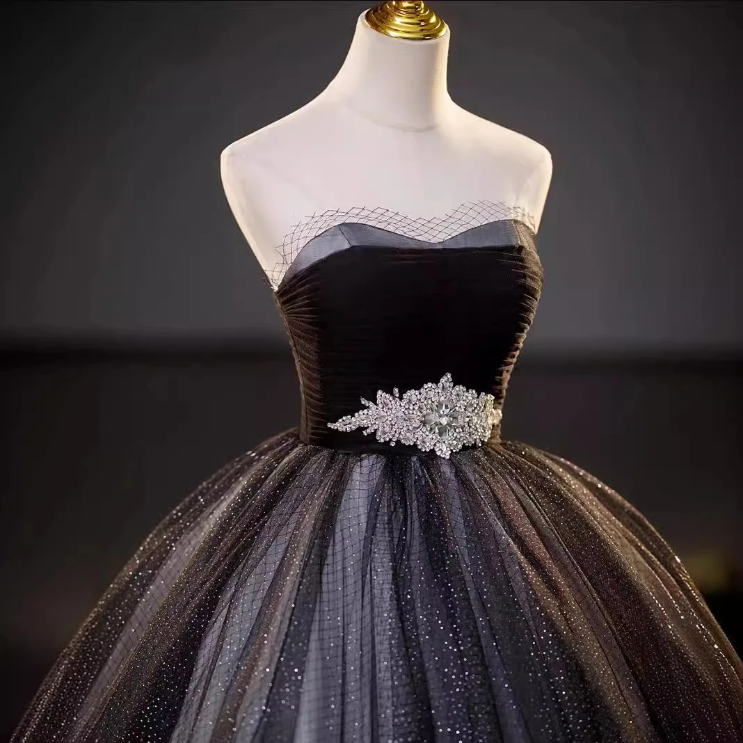 Customized Black Ball Gown Quinceanera Dresses Tulle Crystal Prom Birthday Party Gowns Formal Occasion Lace Up