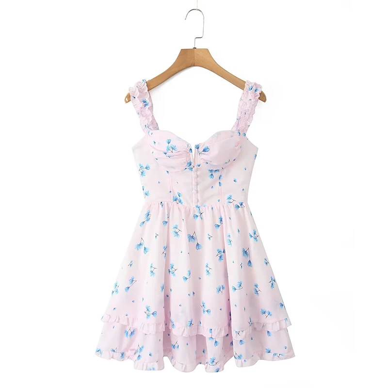 

YENKYE Summer Women Floral Print Sling Mini Dress Ear Fungus Edge Straps Hem Ruffle A-line Holiday Party Dresses Chiffon Robe
