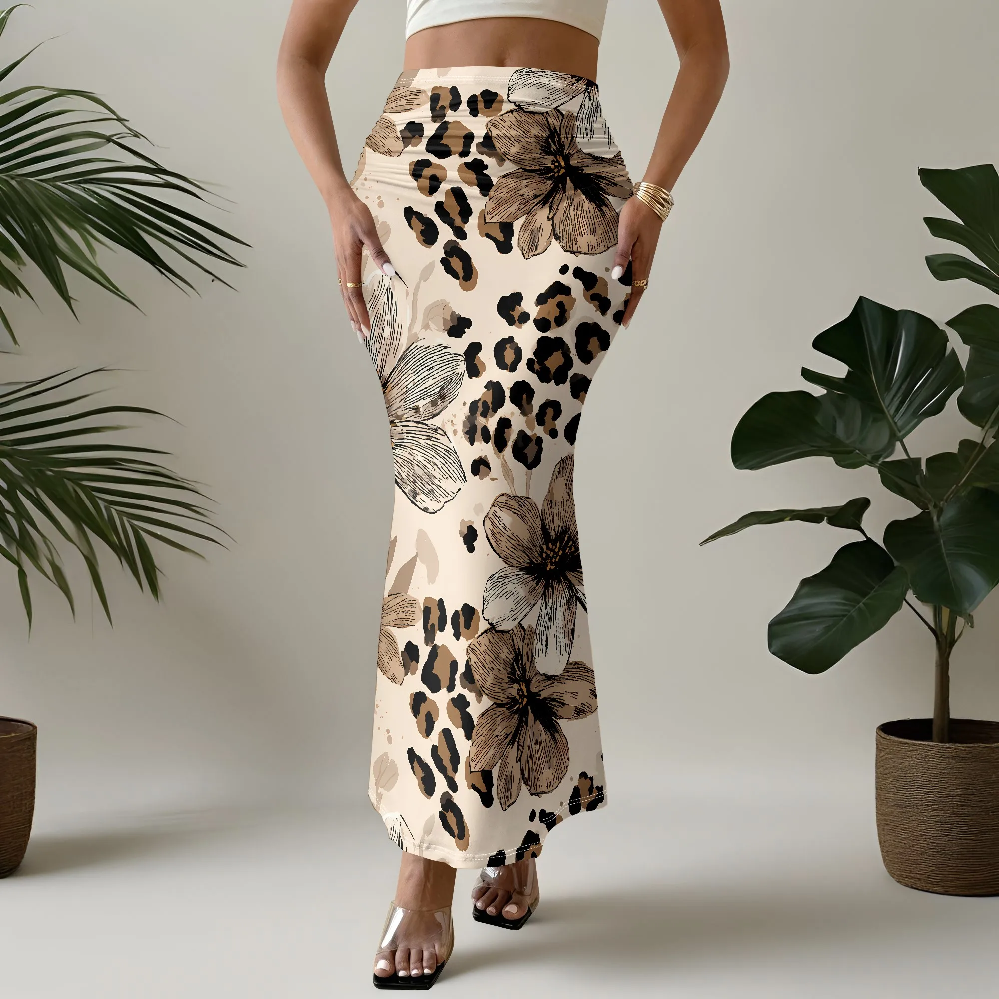 Floral Leopard Print Mermaid Skirt, High Waist Bodycon Midi Skirt, Elegant Party Clubwear For Women, S-3XL