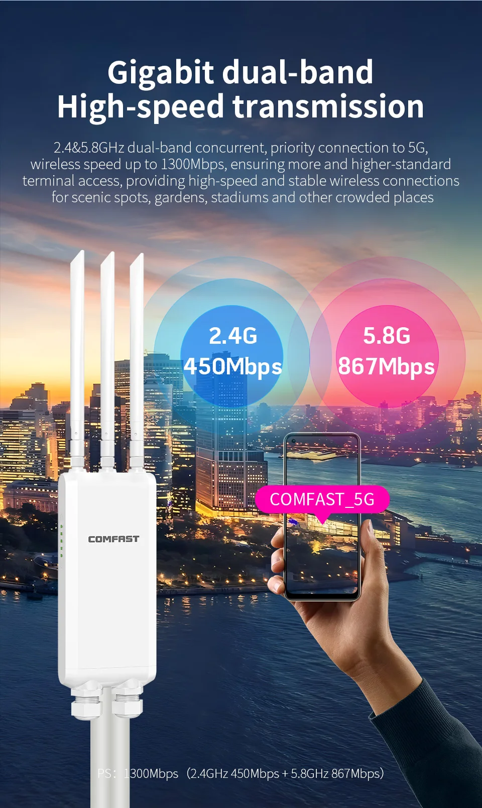 Comfast AX1300 شبكة في الهواء الطلق راوتر لاسلكي نقطة الوصول 2.4 & 5.8G جيجابت موزع إنترنت واي فاي AP مكرر موسع LongRange شبكة راوتر