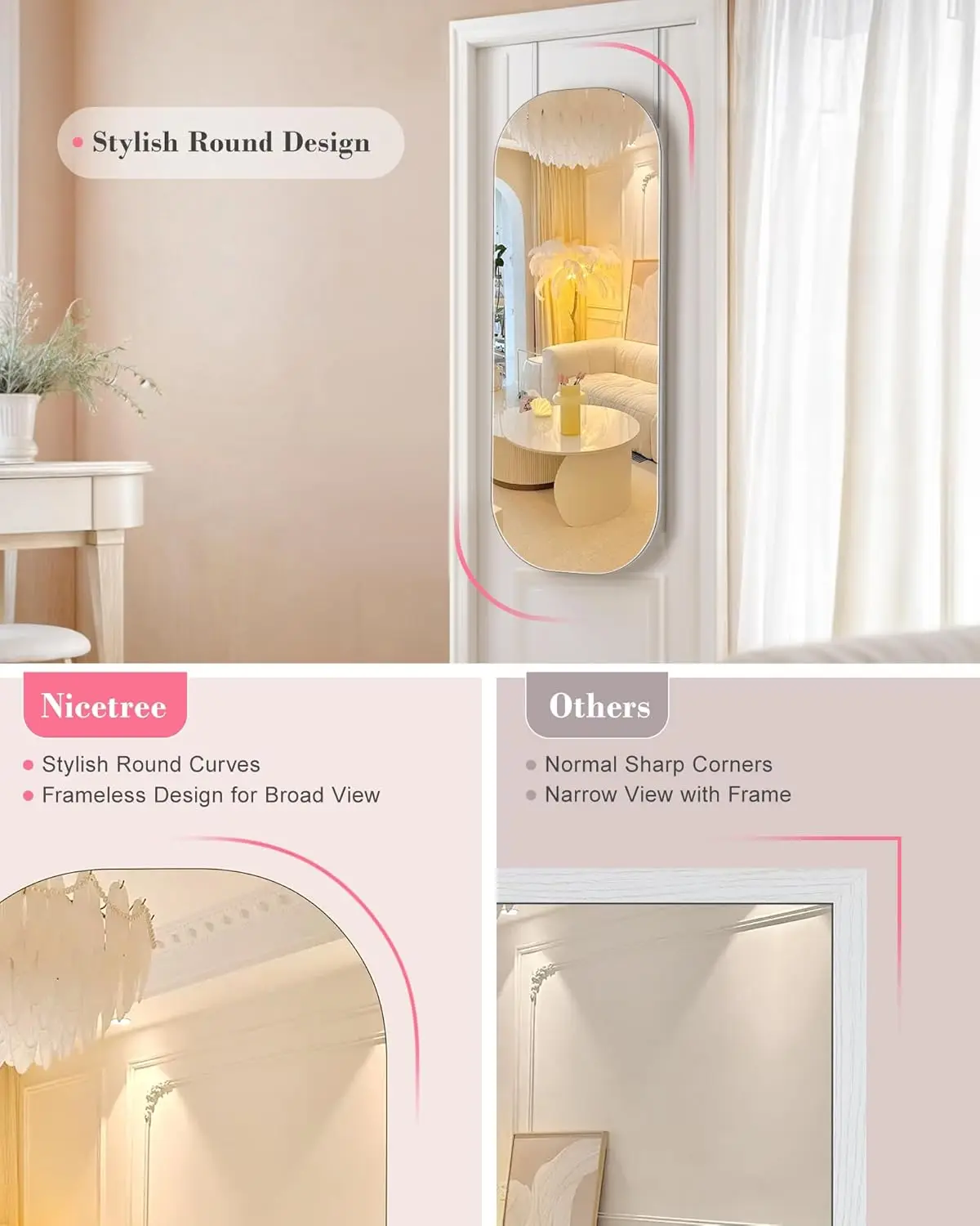 LED Mirror Jewelry Cabinet, Rounded Jewelry Armoire Cabinet, Lockable Wall or Door Mounted Jewelry Organizer with Inter