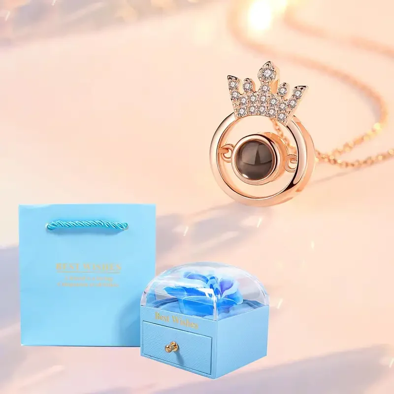 Customized Color Photo Projection Crown Necklaces With Rose Flower Gift Box New Romantic Jewelry Family Birthday Wedding