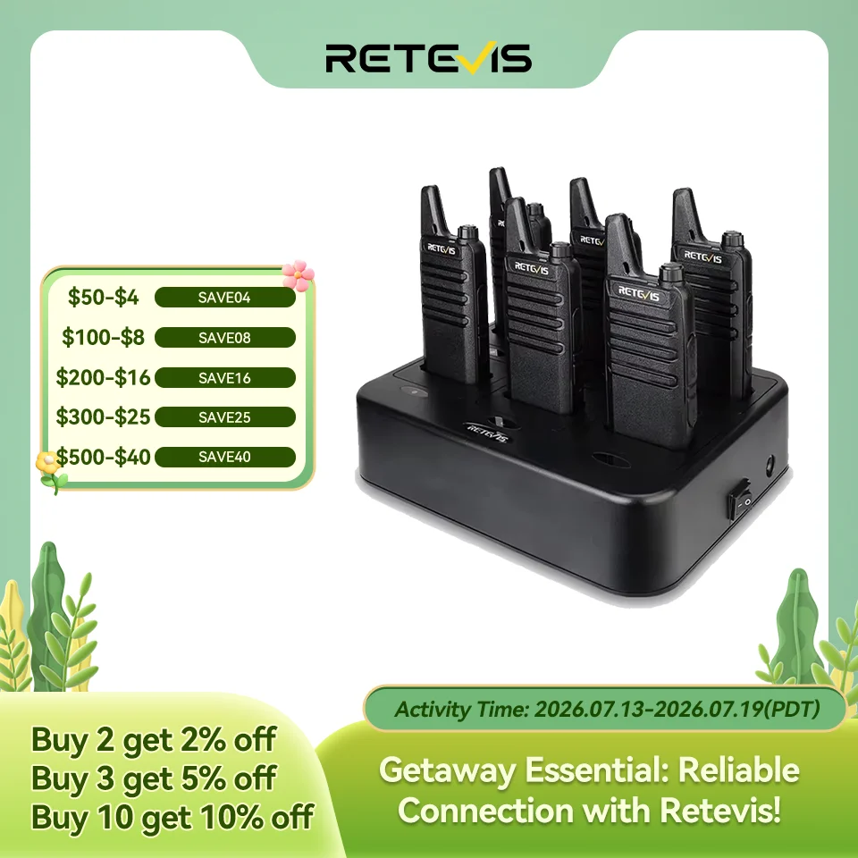 Retevis RT622 Walkie Talkie 6pcs Mini Walkie Talkie PMR FRS Walkie Talkie Set with 6 Way Multi Gang Charger for Hotel Restaurant