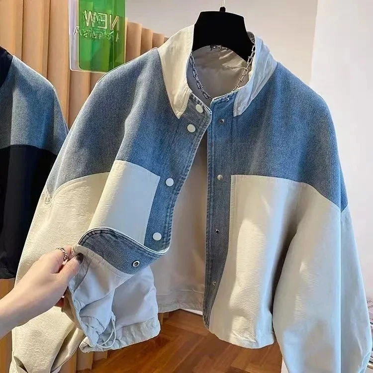 

Spring Autumn Women'S Denim Stitching Stand Collar Jacket 2025 New Loose Casual Short Denim Jacket Tops Women Loose Denim Coat