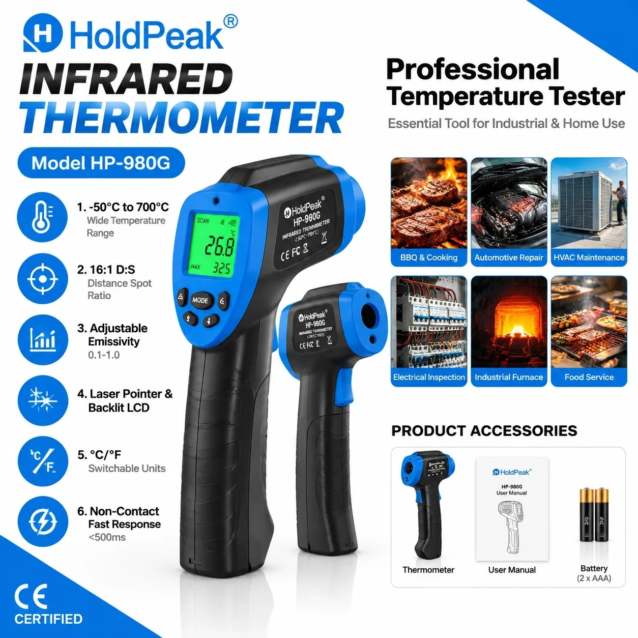 HoldPeak 980G Infrared Thermometer -50℃~700℃ Laser Temp Tester 16:1 D:S Emissivity Adjustable MAX/AVG/MIN Alarm
