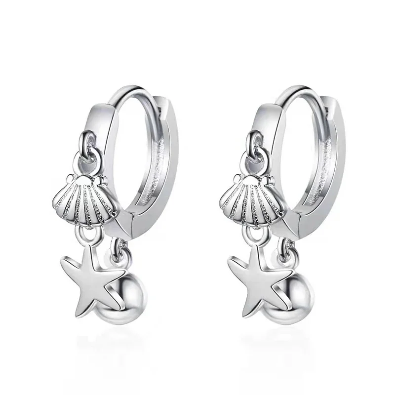 Silver Color Beach Style Shell Short Earrings for Women Sweet Ear Buckle Starfish Fashion Summer Jewelry Accessories