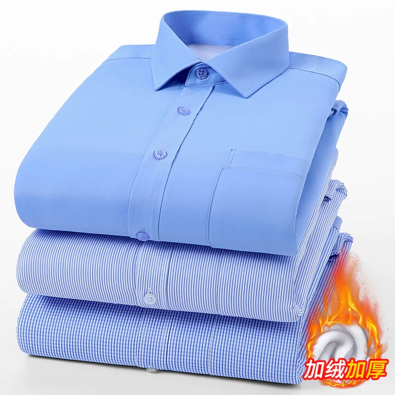 Autumn winter warm white shirt slim-fitting fleece thickened striped business non-ironing professional dress long-sleeved shirt