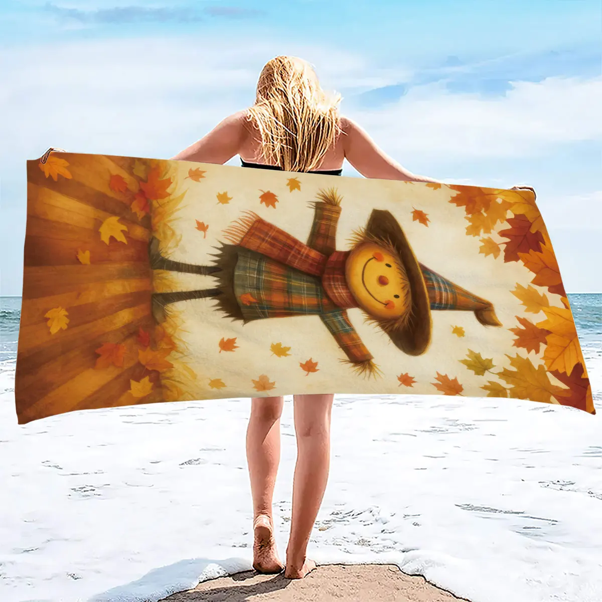 1PC Autumn Maple Leaf Scarecrow Bath Towel Sports Lightweight Fitness Swimming Yoga Towel Machine Washable