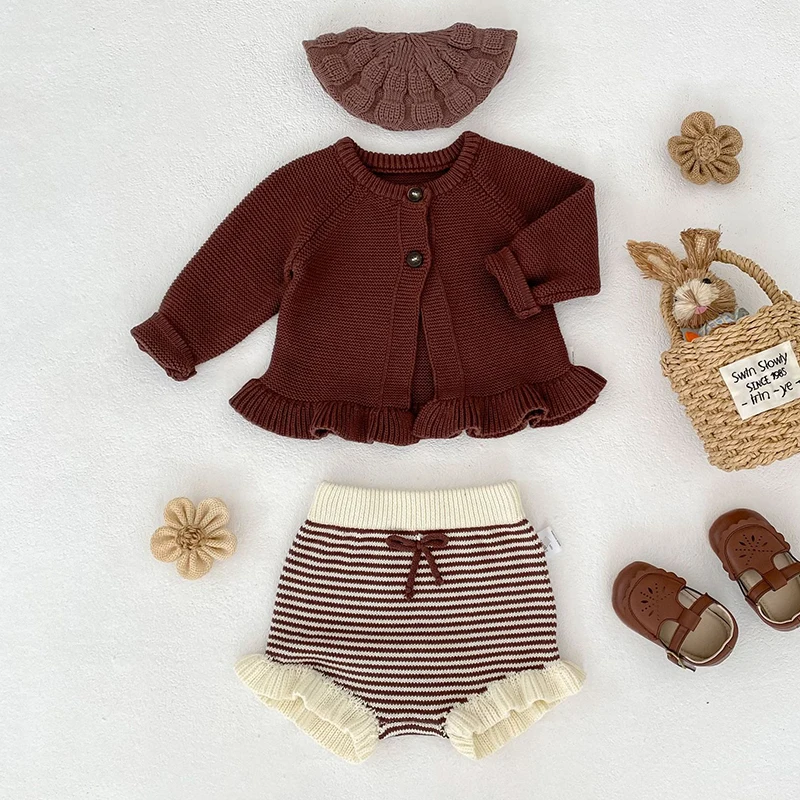 2025 New Autumn 0-3Yrs Infant Baby Girls Clothing Suit Long Sleeved Cardigan Sweater+PP Shorts Toddler Baby Girl Clothes Set