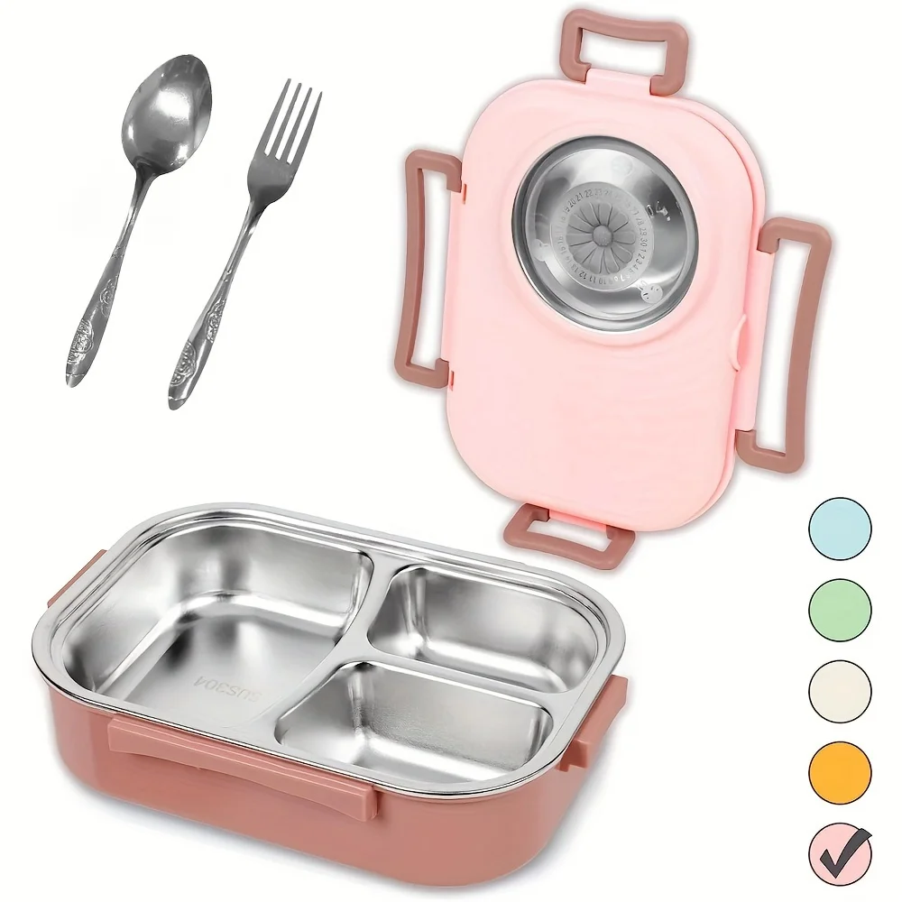 1Pcs Stainless Steel Lunch Bento Box With Cutlery,Stackable BPA-Free Food Containers With 3 Compartments And Reusable Sauce Bowl