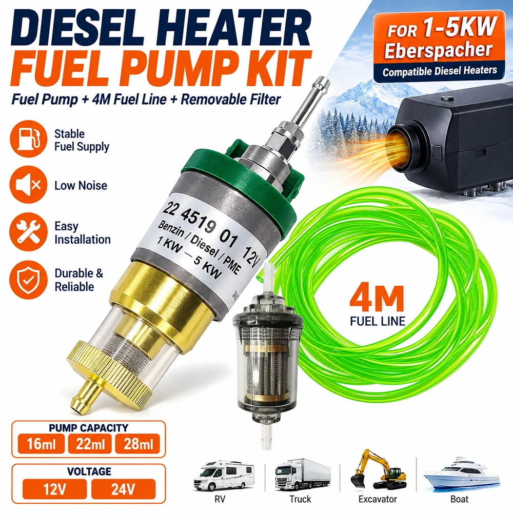 16/22/28ml 12V24V 1-5KW Ultra-low Noise Fuel Pump+4M Fuel Line+Oil Filter for For Eberspacher Universal Diesel Heater