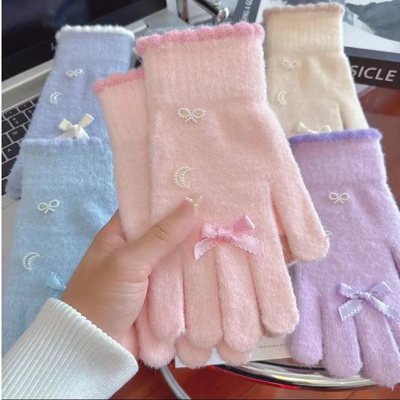 قفازات شتوية نسائية مع ديكور على شكل قمر على شكل فيونكة، قفازات حرارية مريحة فائقة النعومة، هدية أنيقة لها