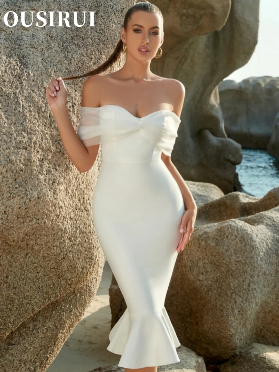 Evening Wedding Club Party Female Dress 2024 Summer Women White Mesh Midi Mermaid Bandage Dress For Off Shoulder Vestidos