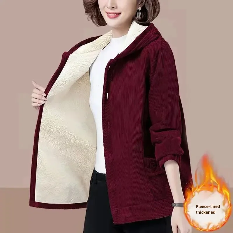 2025 Autumn/winter New Women's Corduroy Jacket Fleece-lined Thickened Polar Fleece Loose-fit Slimming For Middle-aged Mothers