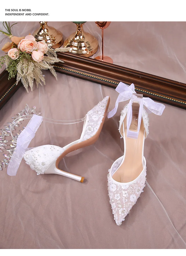 Size 33-42 2024 Summer Beaded Women White Wedding Shoes Ankle Strap Pointed High Heel Pumps