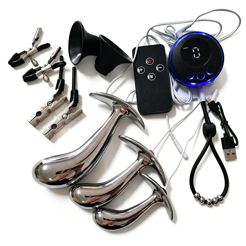 8 Modes Electric Shock Anal Sex Toys for Men Women Silicone Penis Cock Rings Metal Butt Plug Nipples Clips Breast Sucker Pumps