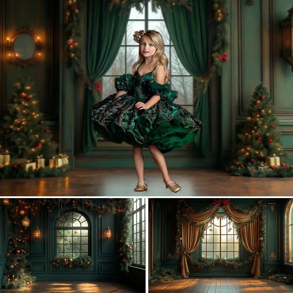 Mocsicka Photography Background Christmas Interior Decoration Dark Green Wall Window Xmas Tree Backdrop Studio Photo Shoot Props