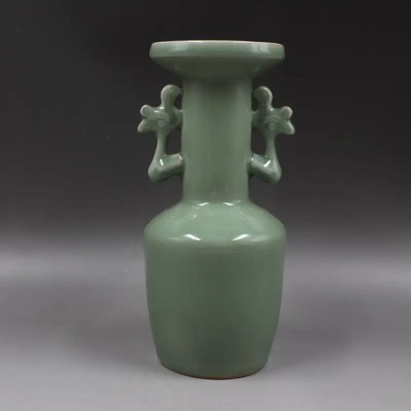Chinese Porcelain Song Longquan Kiln Celadon Glaze Double Phoenix Ear Vase 9.37