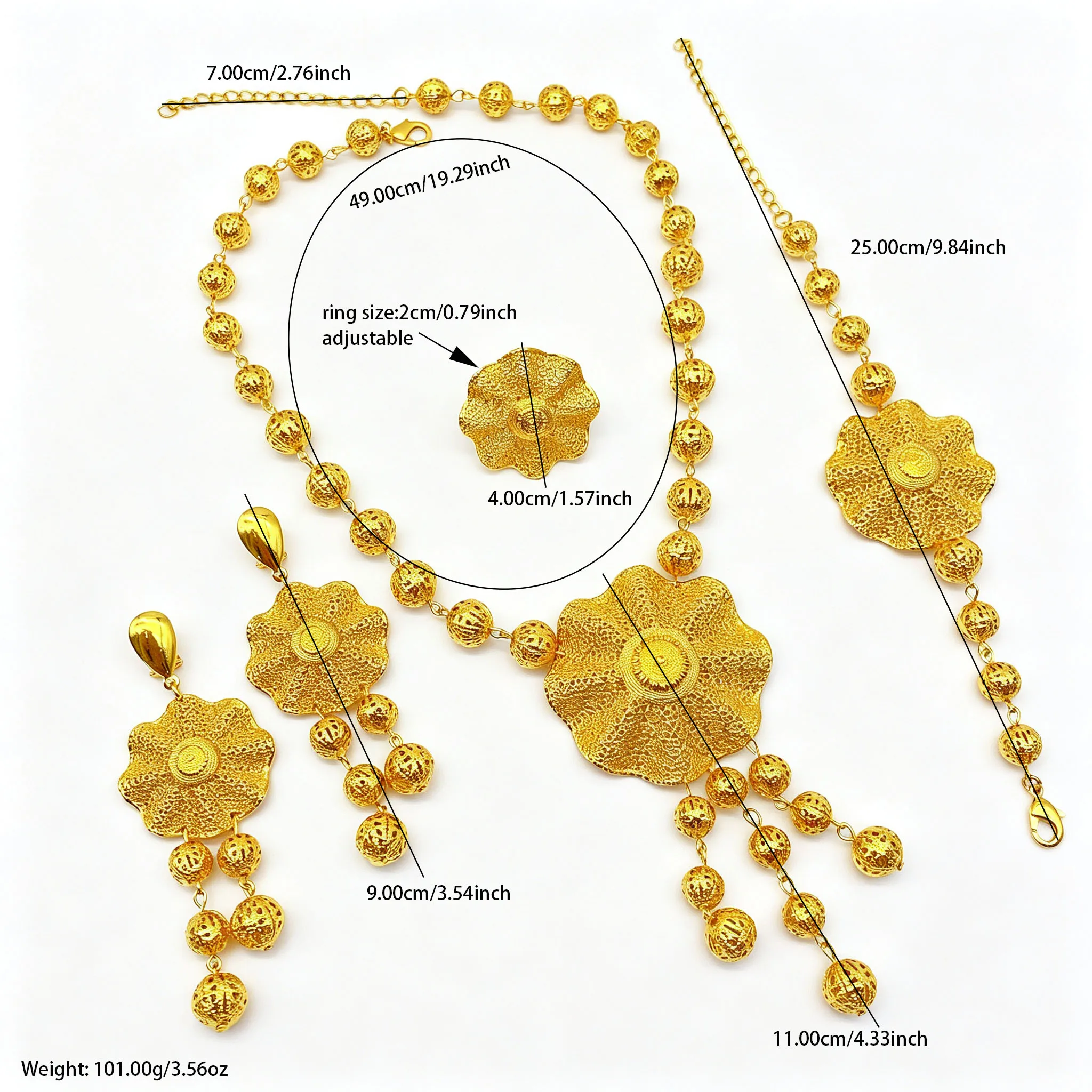 Dubai Lange Perlenkette Ohrringe Schmucksets für Frauen 24K Vergoldete Hochzeitsarmbänder Indische Ringe Brautgeschenk – Detail 6