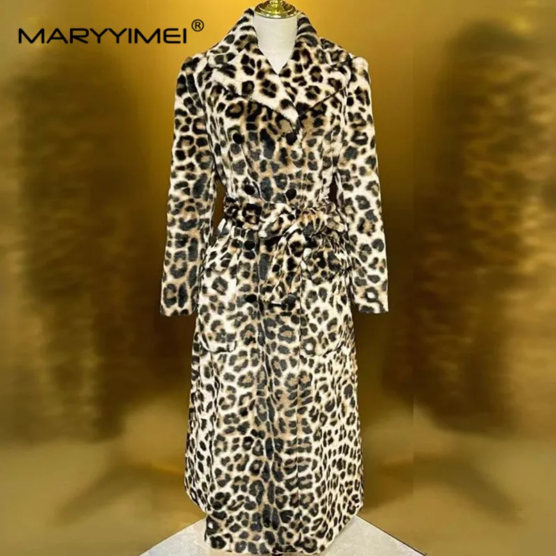 MARYYIMEI Fashion Winter Women's Coat Turn-Down Collar Double-Breasted Long-Sleeved Lace-Up Leopard print Overcoat