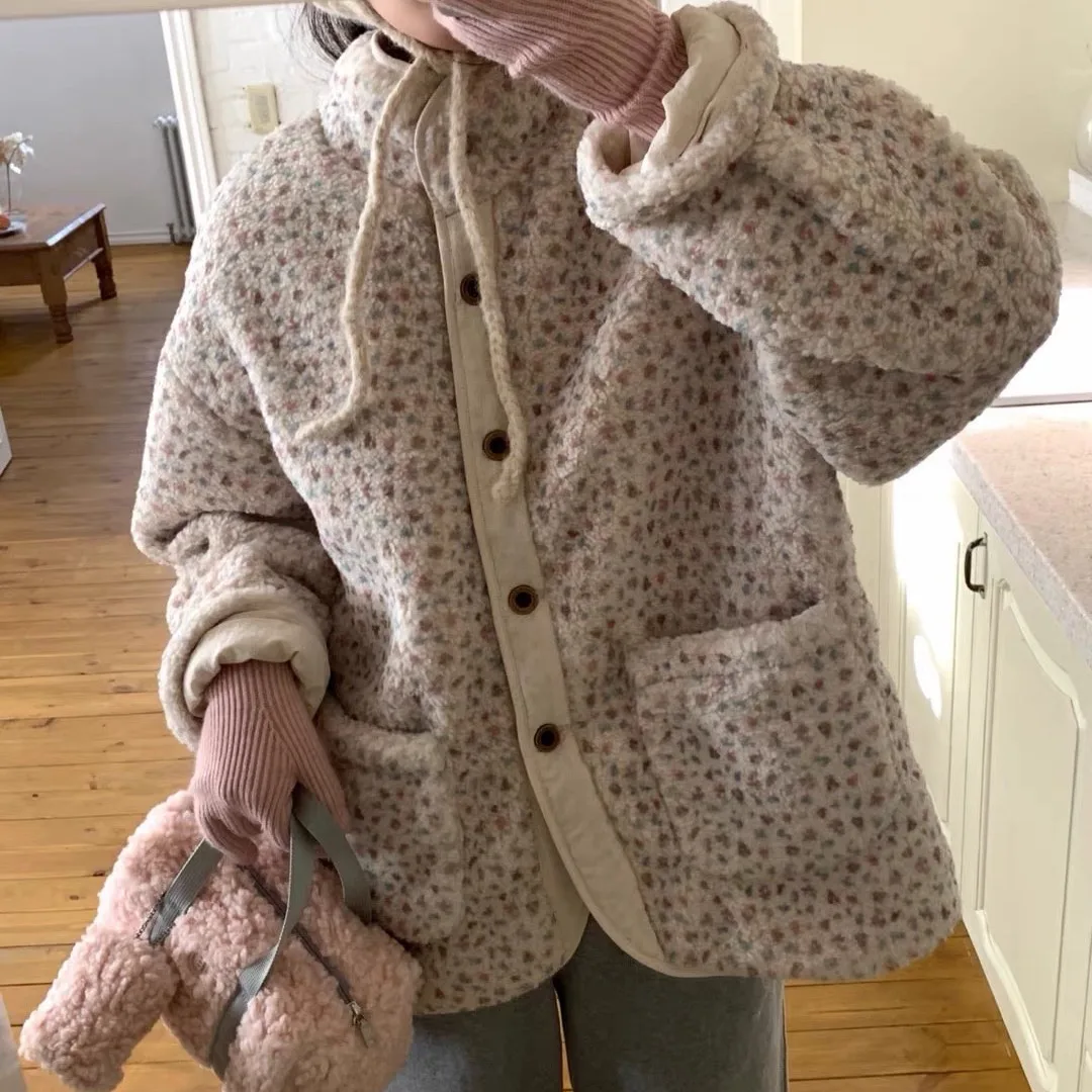 Korean Style Floral Print Lamb Fur Jacket Casual Loose Soft Outerwear Autumn Winter Polyester Fiber Sweet Style Women's Coat