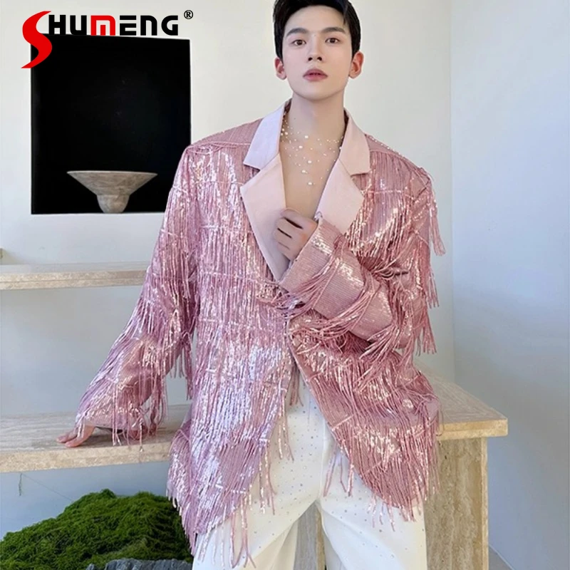 

Fashion Personality Sequin Tassel Design Long Sleeve Solid Color Suit Jackets Men 2025 Autumn High-end Stylish Tailored Coats