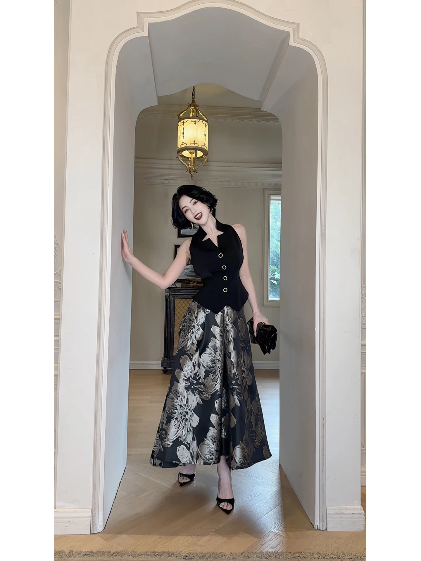 

LYXJ Monet Lotus Pool A-Line Skirt High Waist Satin Women's Spring 2026 New Style Elegant Umbrella Skirt Commute Polyester Fiber