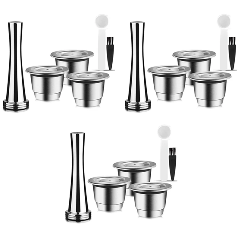 

Capsules Reusable, Stainless Steel, 9 Pieces Refillable Pads For Nespresso + 3 Tamper + 3 Spoon + 3 Brush