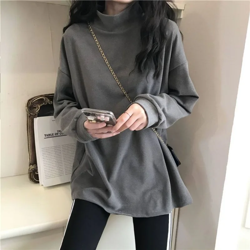 

T-shirts Women Autumn Inside Femme Harajuku Clothes Cozy Comfortable Long Sleeve Simple Korean Style Half High Collar Elegant