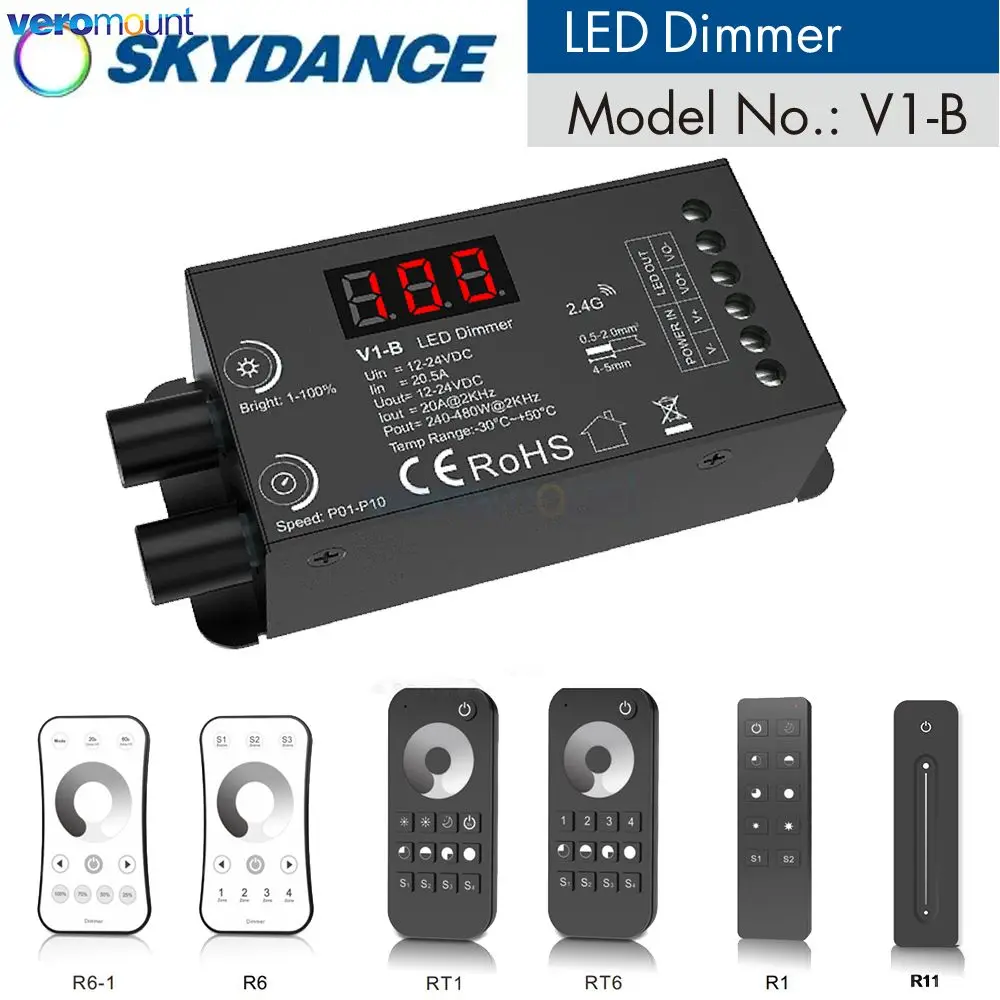 Skydance V1-B 2.4G Single Color RF Dimming LED Controller DC 12V 24V 1CH*20A Controller Receiver for Single Color LED Light Tape