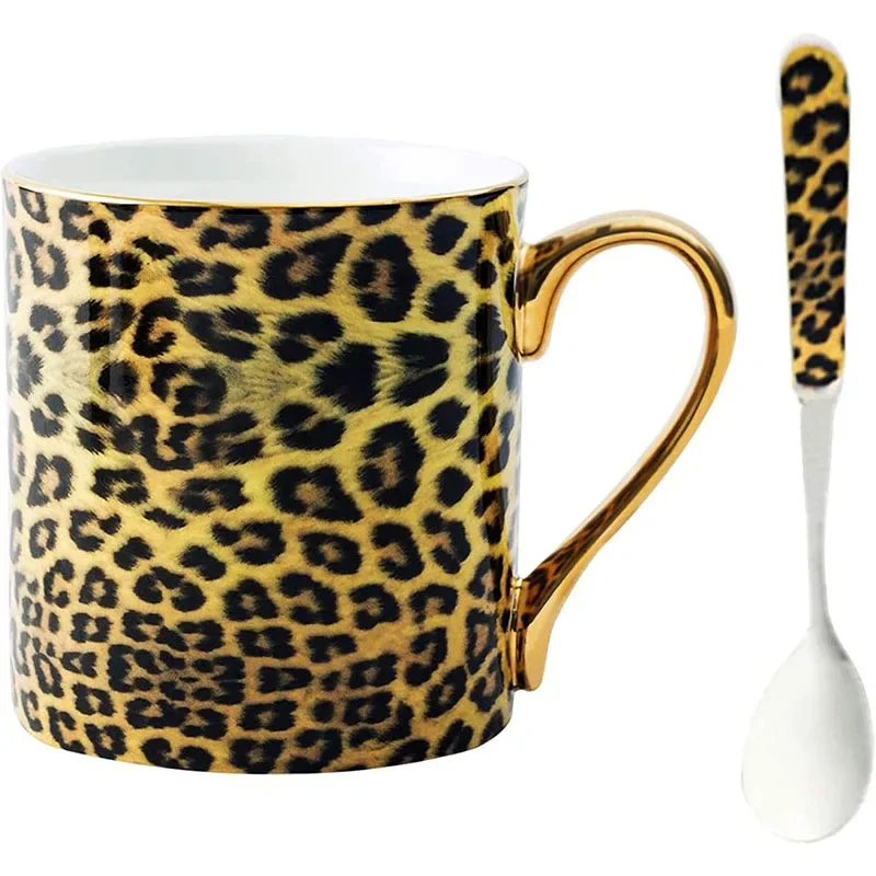 Bone China Porcelain Coffee Cup, 12oz Tea Mug for Home Kitchen Office,Cassical Leopard Pattern Teacup Drinking Cup