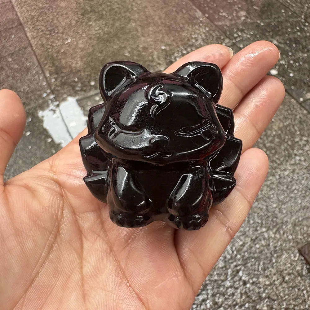 Custom Natural Black Obsidian Nine-Tailed Fox Figurine - Detailed Gemstone Nine-Tailed Fox Statue Collectible Home Decor
