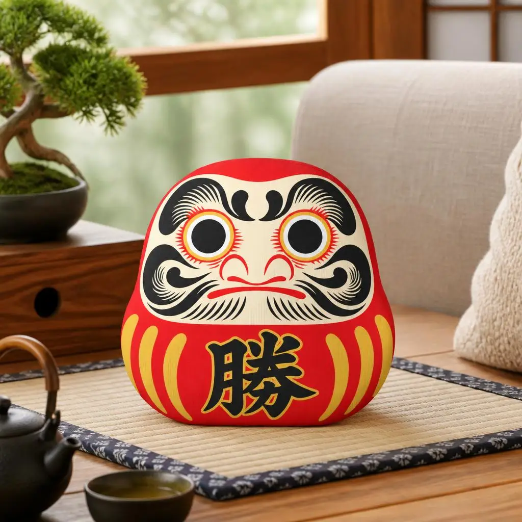 Red Daruma Doll Good Luck Charm Plush Pillow Traditional Japanese Folk Art Cushion Stuffed Throw Pillow Sofa Home Decor Gift