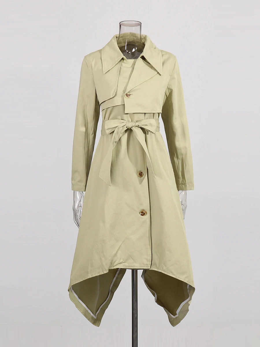 TWOTWINSTYLE 여성용 단색 캐주얼 스플라이스 레이스업 트렌치, 라펠 긴팔, 하이웨이스트 패치워크 단추, 비대칭 여성 신제품