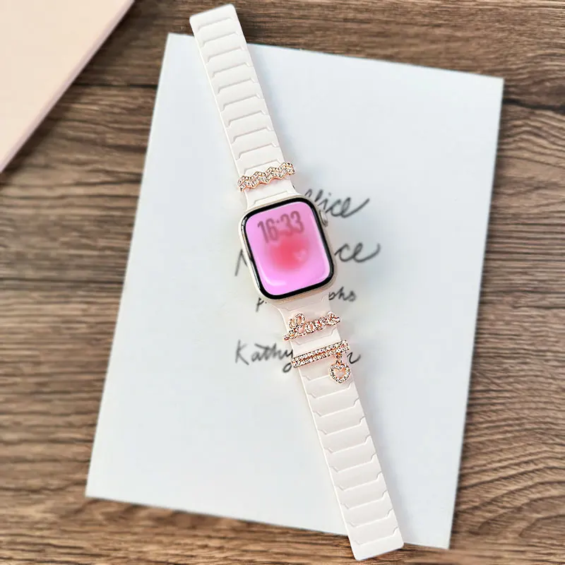 الديكور + المغناطيسي سيليكون سوار حزام ل سوار ساعة أبل الترا 2 45 مللي متر 44 مللي متر 40 مللي متر 42 مللي متر 46 مللي متر 41 مللي متر IWatch سلسلة 10 SE 9 8 7