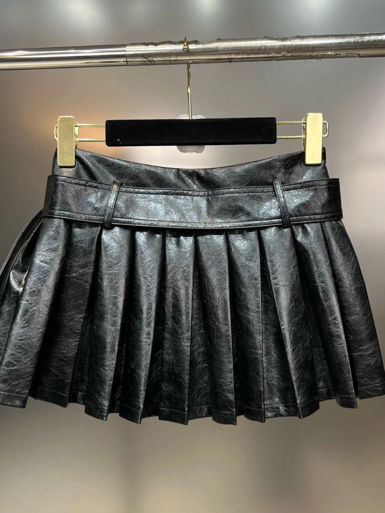 Imagem -06 - Saia de Couro pu Preta Feminina Sexy Spice Cinto de Fivela de Diamante Culottes Plissados Linha a Decorativa Alta Qualidade Outono Inverno