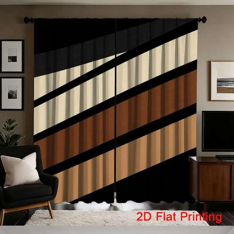 Modern Diagonal Stripe Curtains 2 Panels, Black Cream Coffee Slant Block Minimalist Tone Background for Simple Bedroom Curtain