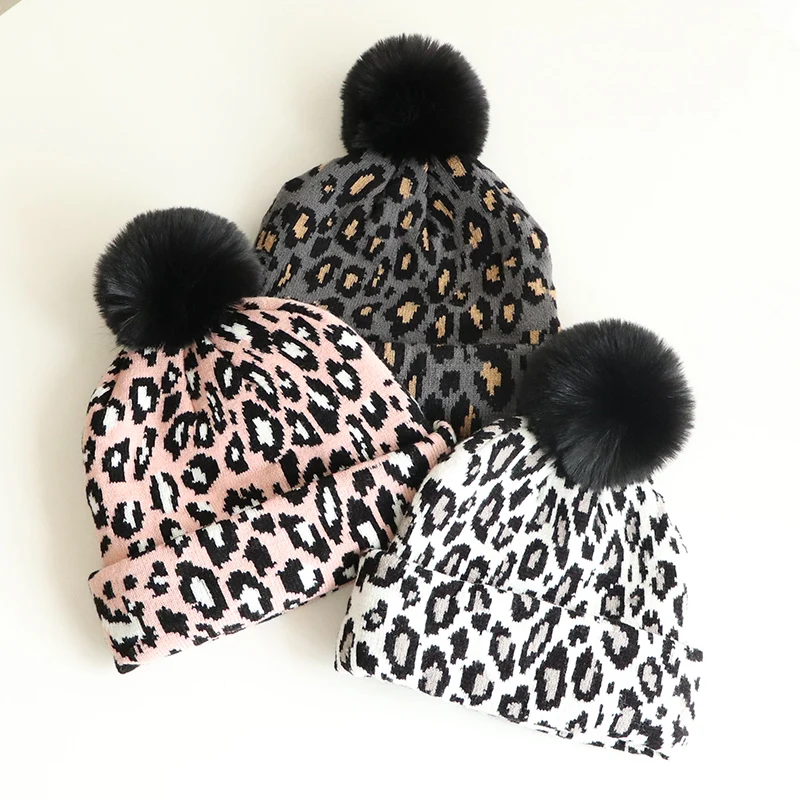 Autumn and winter children\'s hat and scarf suits boys and girls baby hat leopard print style knit hat thickened girl hat trend